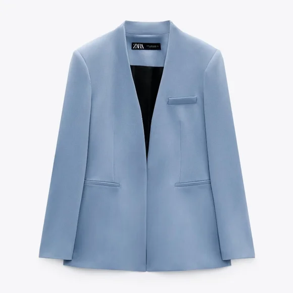 Zara collarless blazer blue size medium nwt new with tag long sleeve - Picture 1 of 9